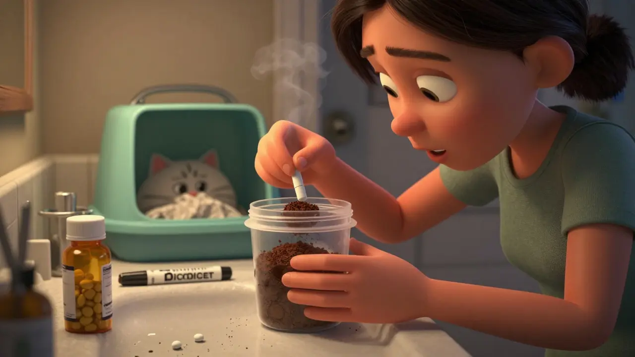 Woman mixing pills with coffee grounds in a sealed container for safe disposal.
