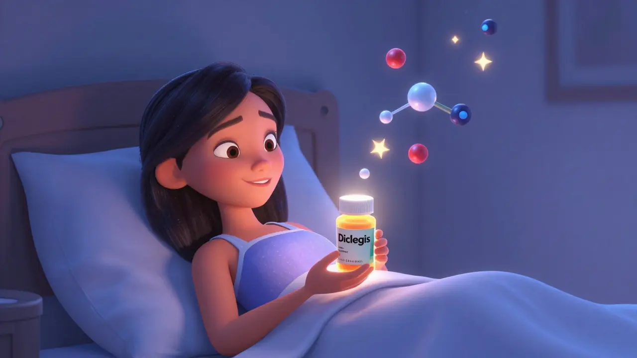Woman taking Diclegis at night with glowing vitamin molecules floating around her.
