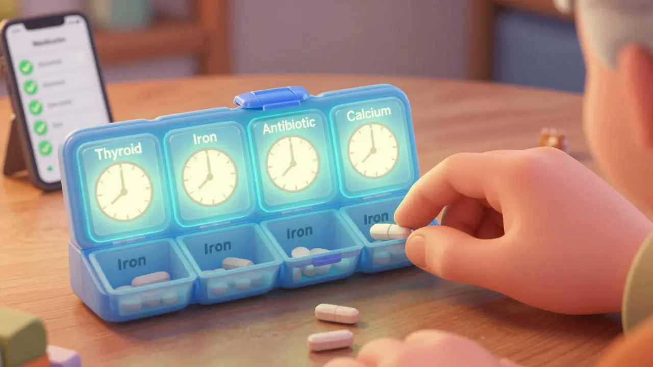 A digital pill organizer with glowing compartments and a smartphone showing a medication app, helping someone take pills at the right time.