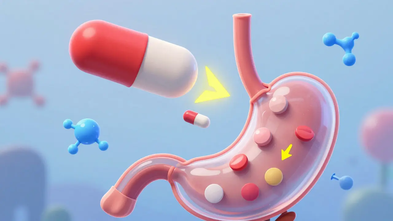 A giant antibiotic pill and a small antacid tablet separated by a glowing two-hour time gap above a human stomach.