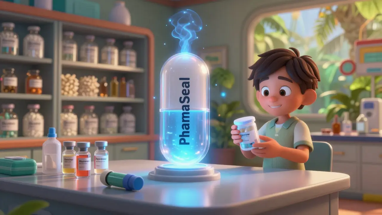 A glowing PharmaSeal capsule shields insulin vials from moisture in a tropical clinic.