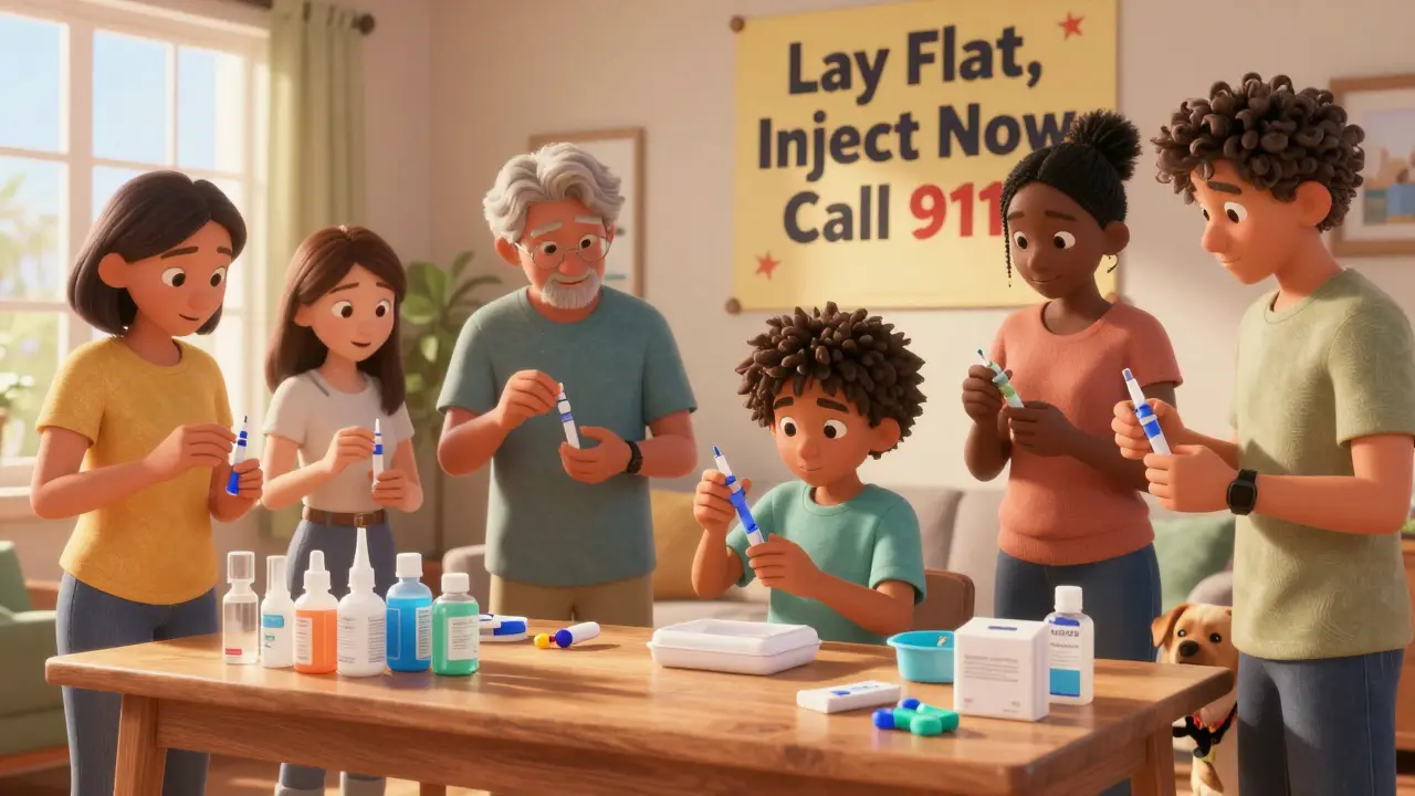 A group of people practicing epinephrine injection using training devices at home.