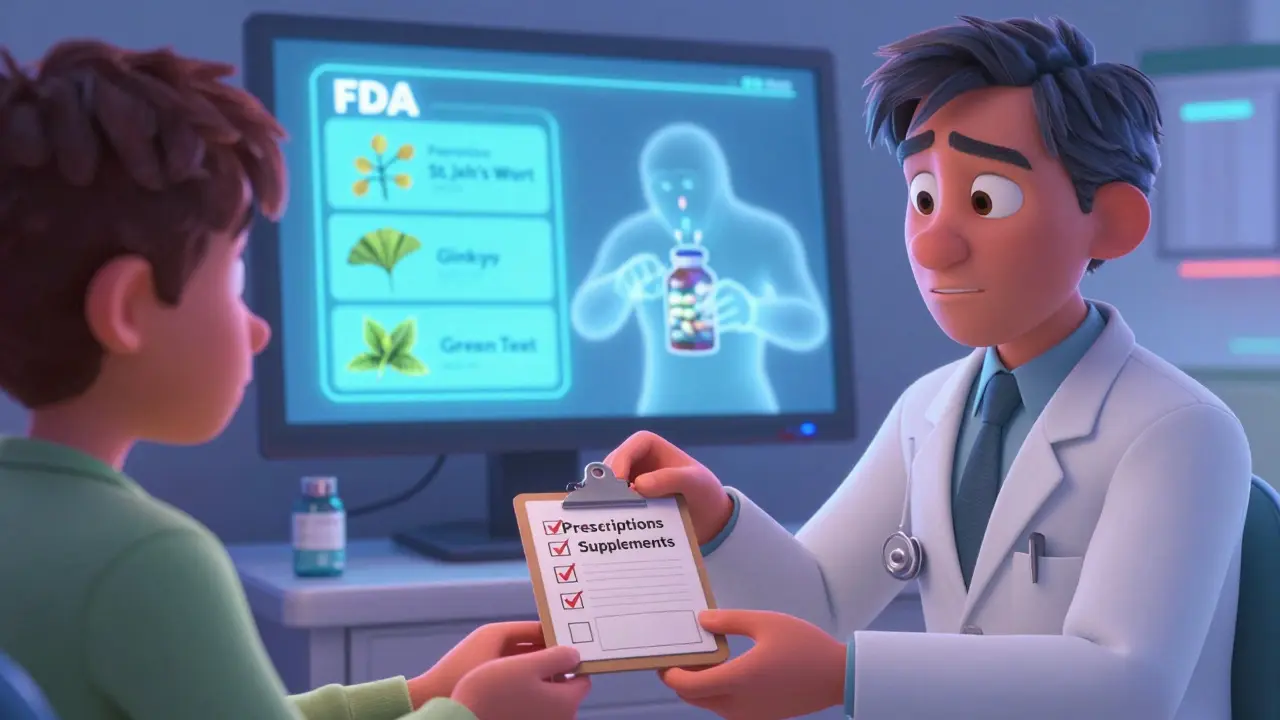 A patient giving supplements to a doctor in a clinic, with a monitor showing FDA warnings.