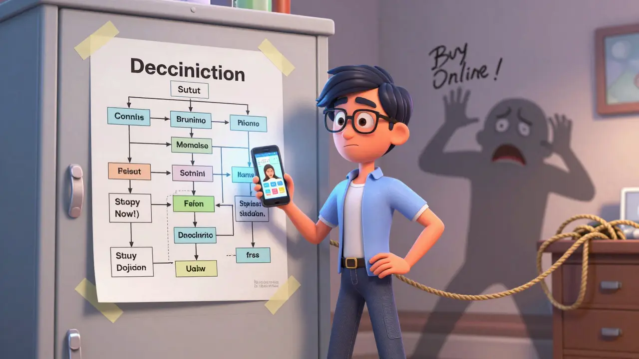 A person following a decision flowchart for drug alerts while talking to a pharmacist, resisting panic-driven impulses.