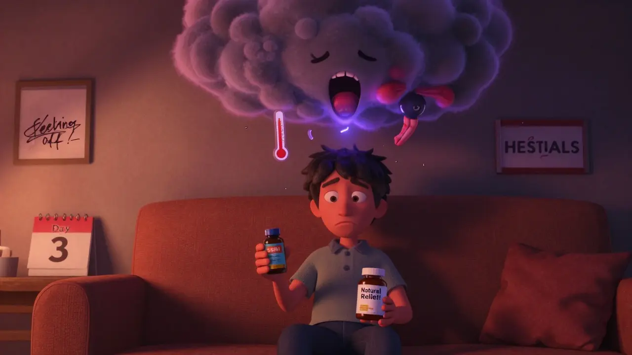 A person on a couch holding an SSRI bottle and 5-HTP jar, while a storm cloud shaped like a screaming serotonin molecule looms above with warning signs of fever and muscle twitching.