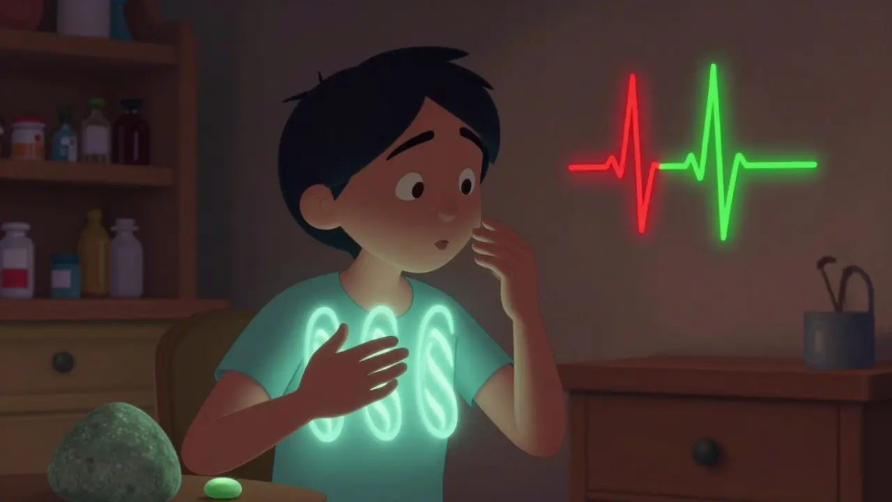 A person practicing 4-7-8 breathing with glowing waves showing heart rate calming down in a cozy home setting.