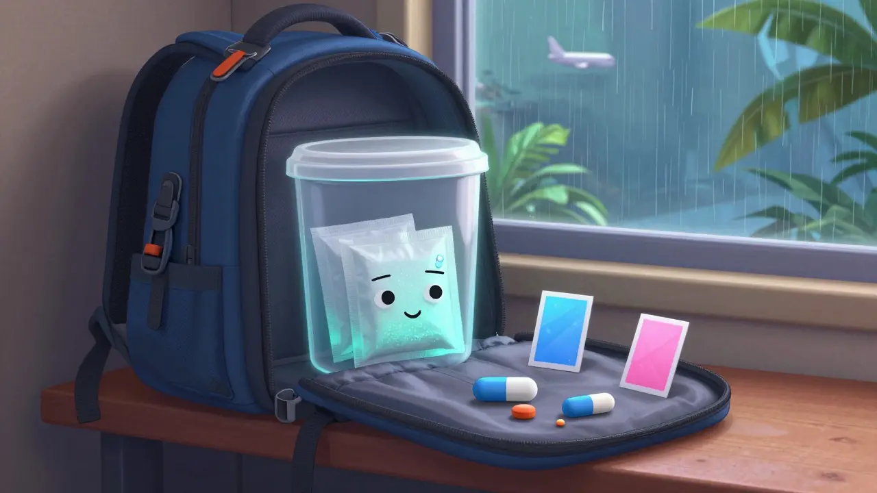 A traveler's sealed container with silica gel packets protects pills from humid air in a hotel room.