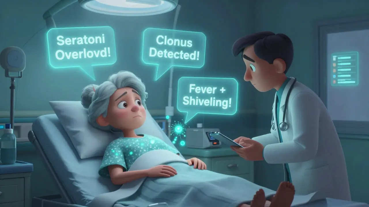 An elderly woman in an ER with floating medical warnings above her, showing symptoms of serotonin syndrome.
