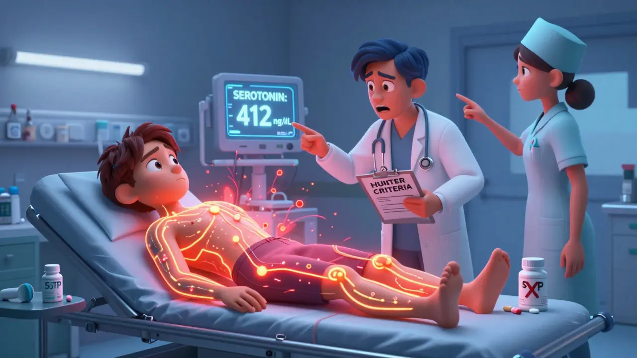 An emergency room scene with a patient glowing from serotonin overload, doctors monitoring dangerously high levels, and an open 5-HTP bottle with an SSRI pill beside them marked by a red X.