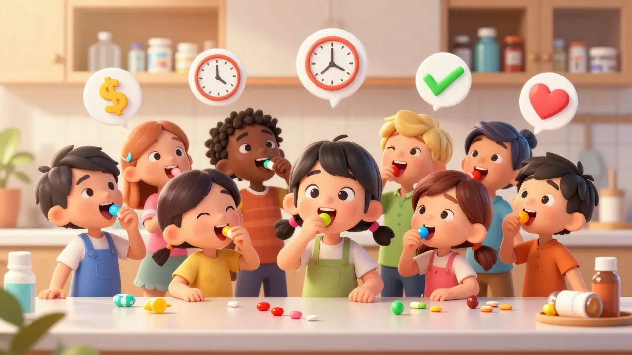Children happily swallowing colorful mini-tablets with icons representing cost, safety, and adherence floating above.