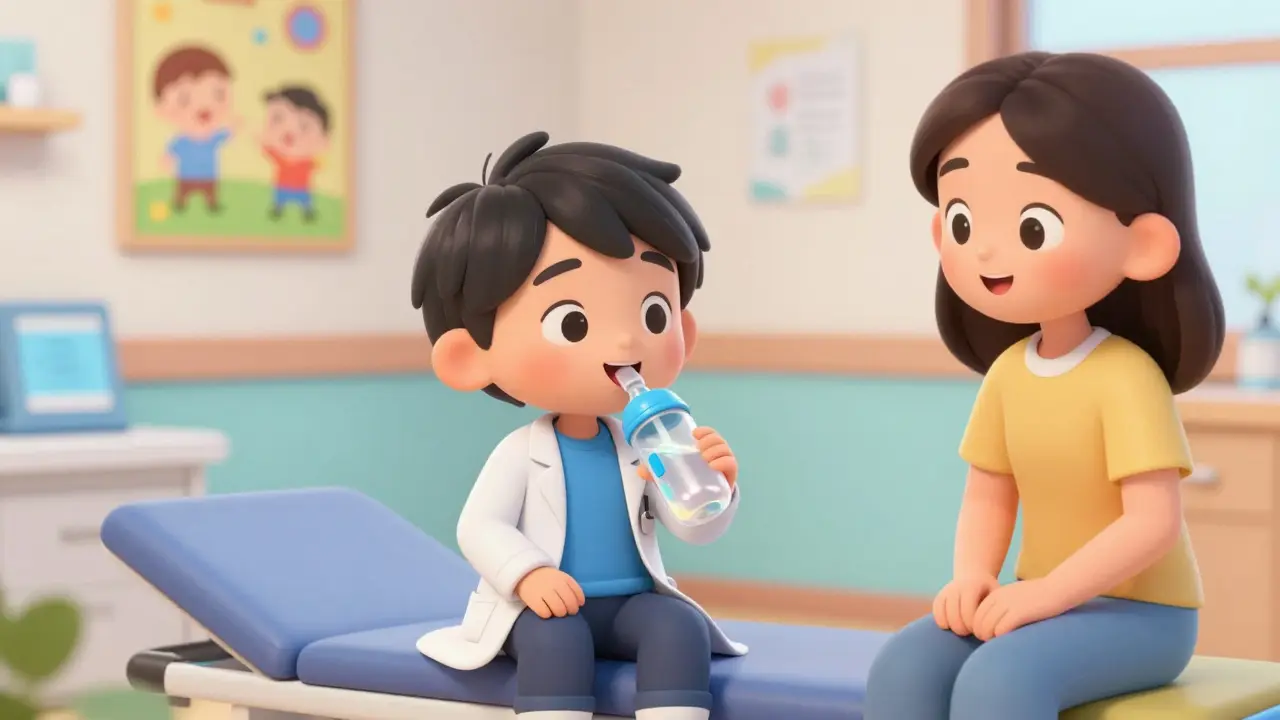 Pediatrician teaching a child to swallow a tiny tablet using the pop-bottle method in a bright clinic.