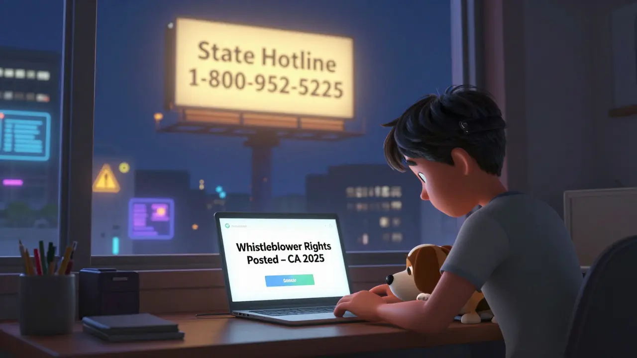 Remote worker sees a 2025 whistleblower notice on laptop, while a glowing state hotline billboard rises outside the window.