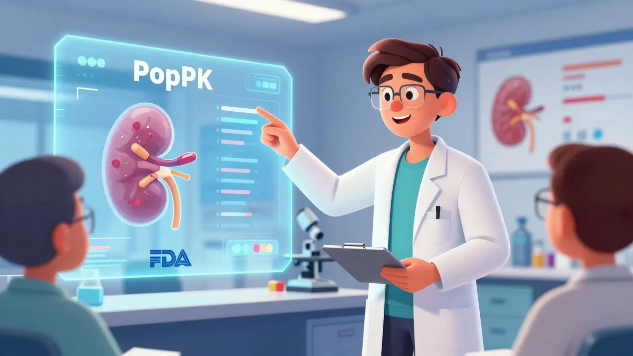 Scientist presenting PopPK data to FDA panel with kidney disease patient