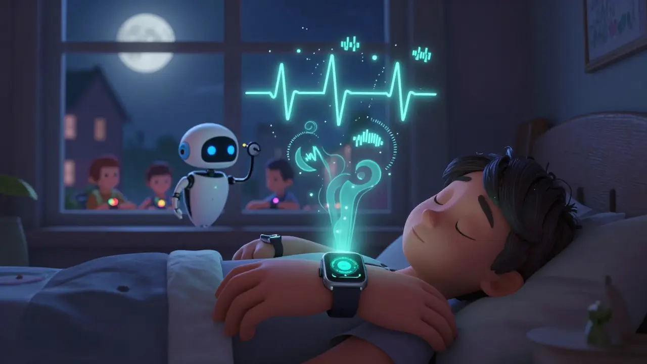 Smartwatch glowing with health data streams while a robot analyzes sleep and heart patterns at night.
