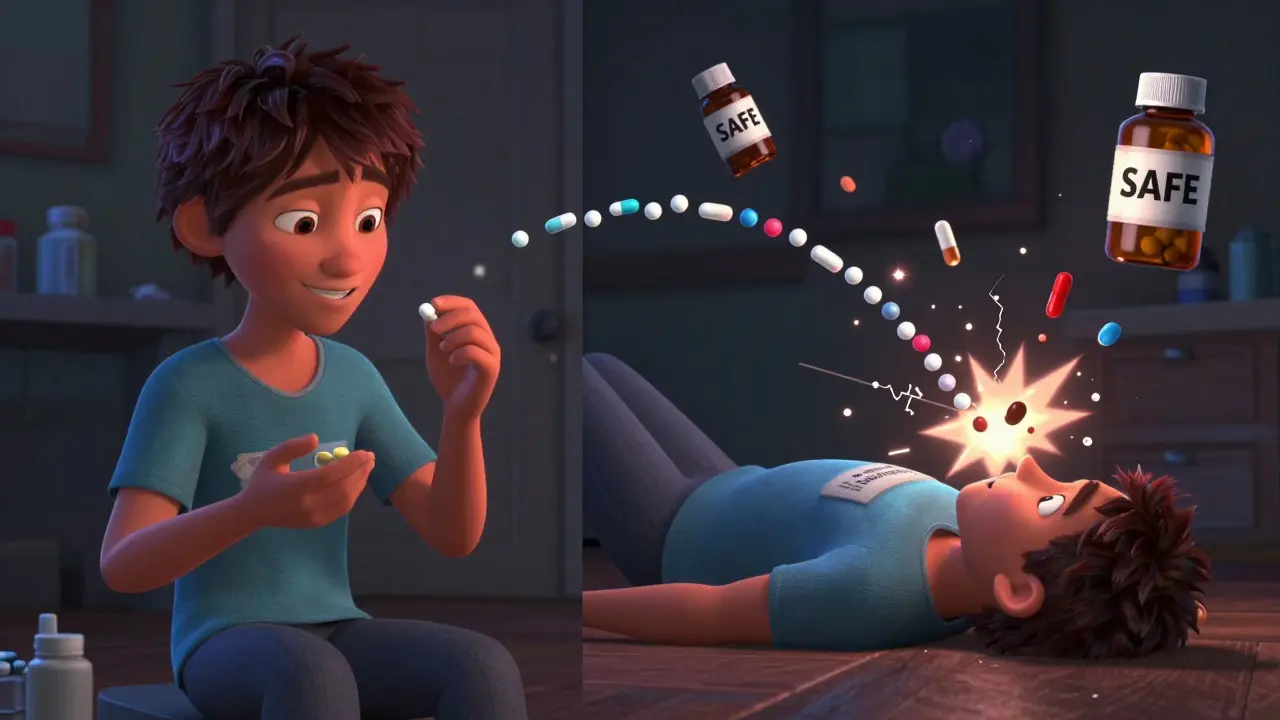 Split scene: one side calm pill-taking, other side chaotic serotonin overload, highlighting safe vs dangerous drug combinations.