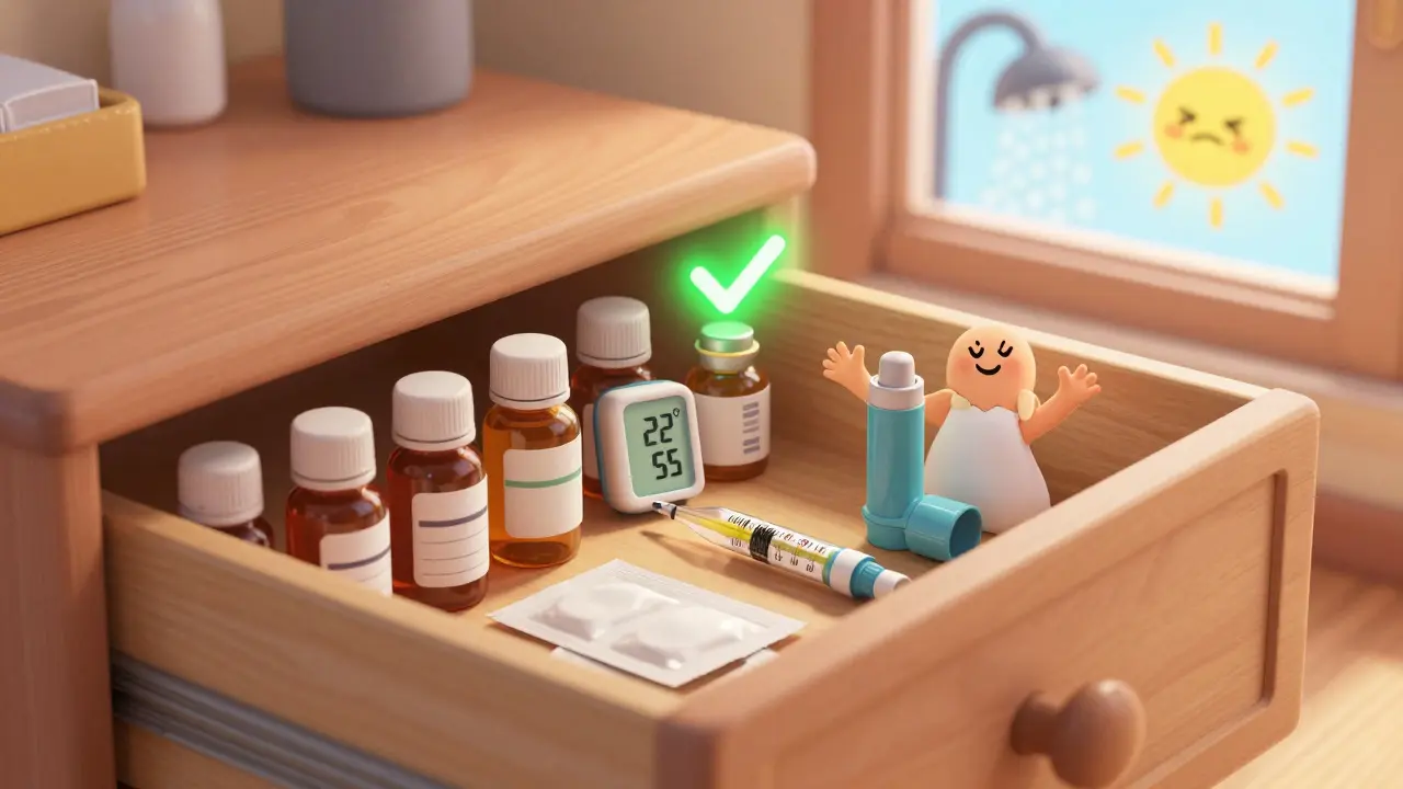 A cool, dry bedroom drawer with properly stored medicines and a happy thermometer showing ideal conditions.