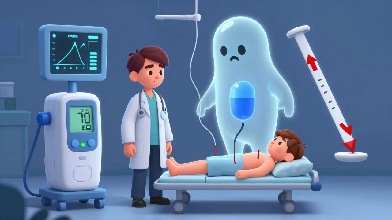 A doctor and patient view an insulin pump and CGM screen with a steroid molecule blocking insulin signals.