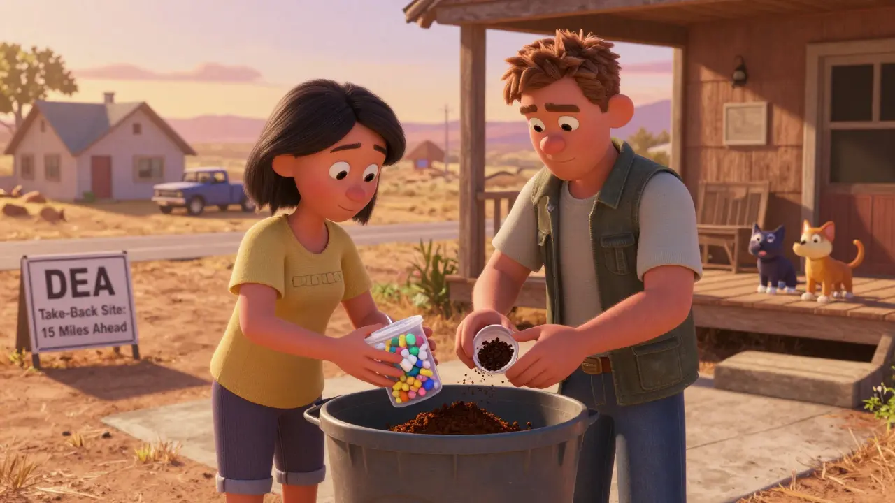 A family prepares to dispose of expired meds in a trash bin, with a distant take-back site sign visible.