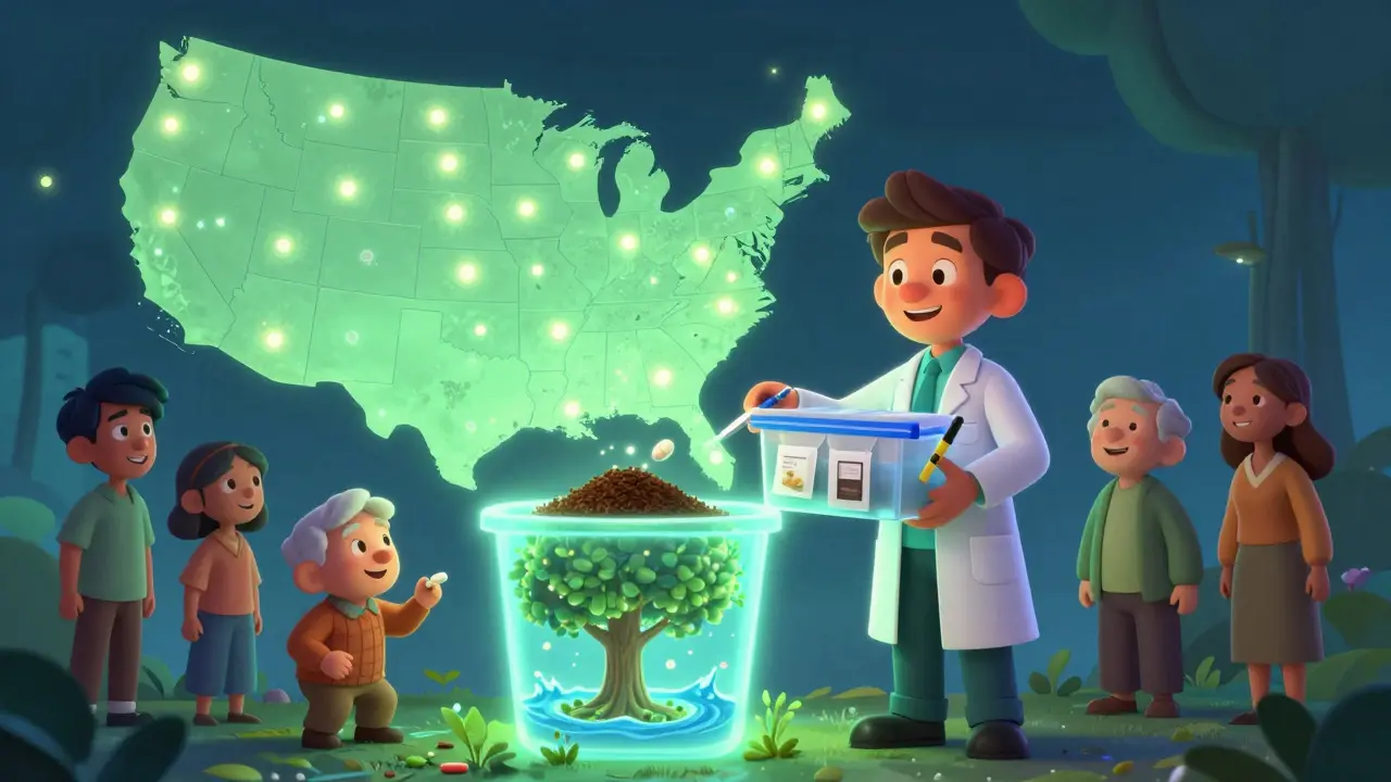 A friendly pharmacist holds a disposal kit beside a glowing U.S. map showing drug take-back locations.