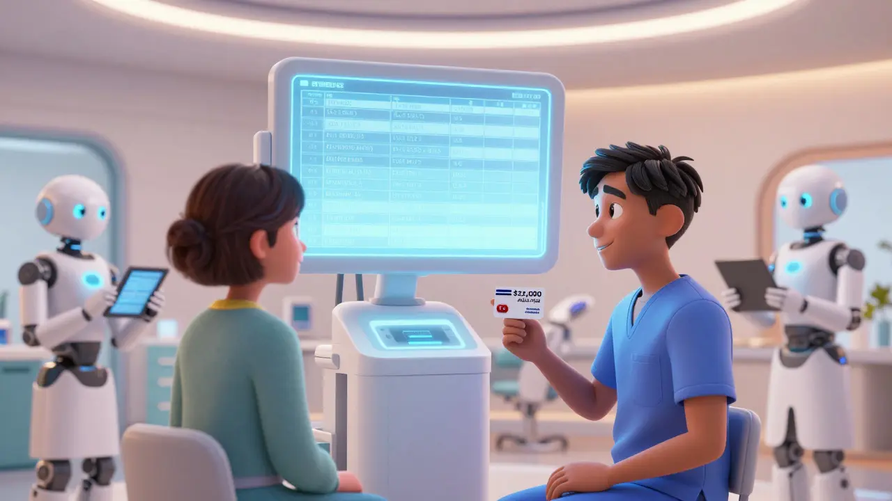 A futuristic clinic displays a personalized formulary via hologram, with doctors using tablets and a patient holding a cost-cap card.