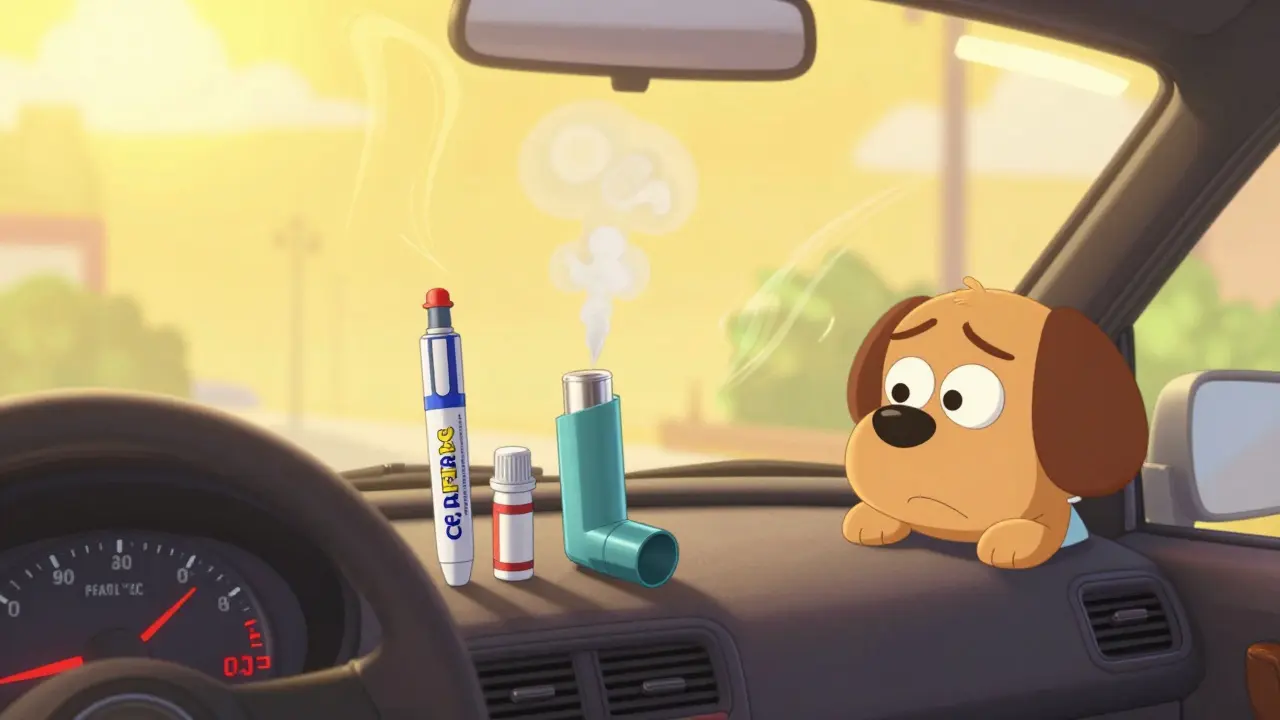 A hot car interior with an EpiPen and inhaler about to burst from extreme temperatures.