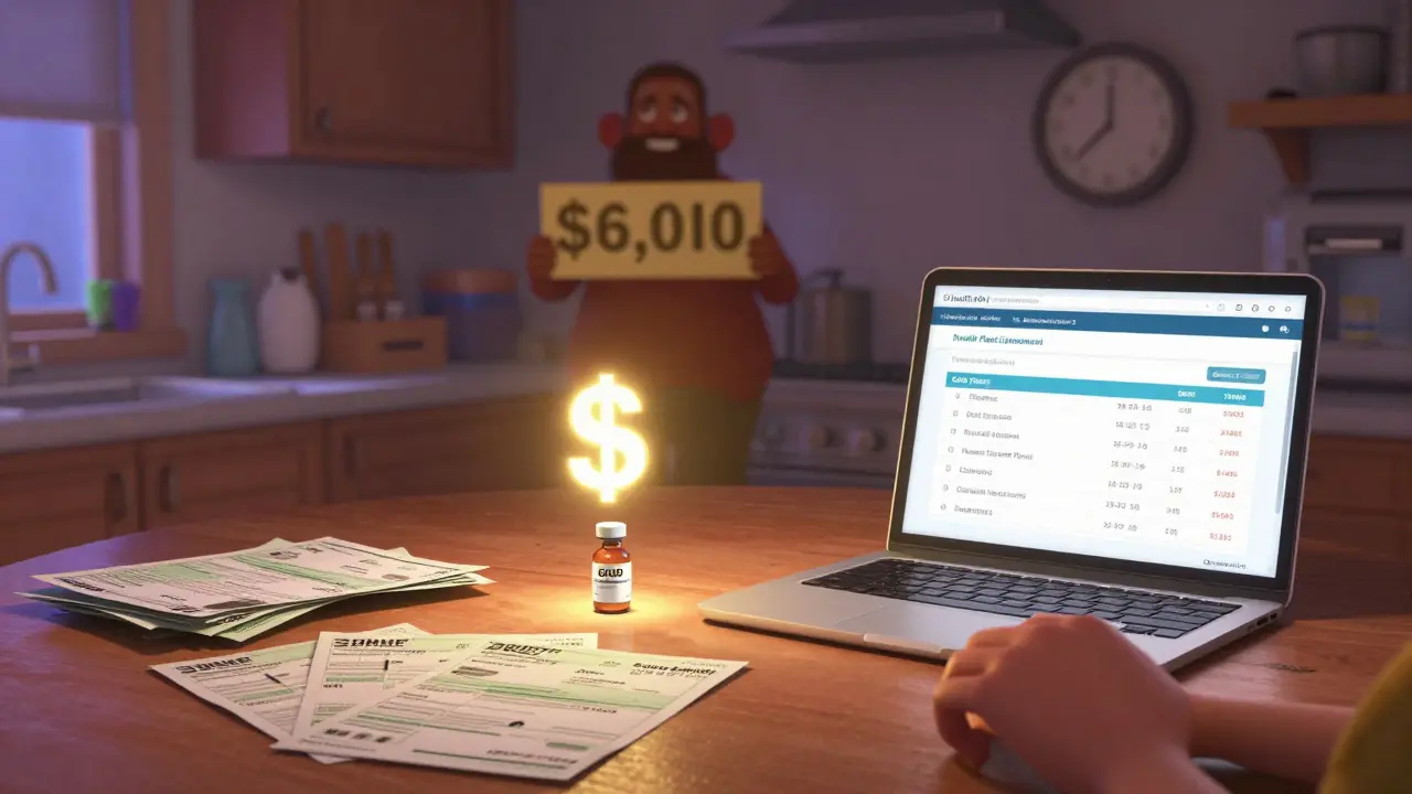 A person at home comparing health plans with bills and insulin vials, a Gold plan glowing with lower costs.