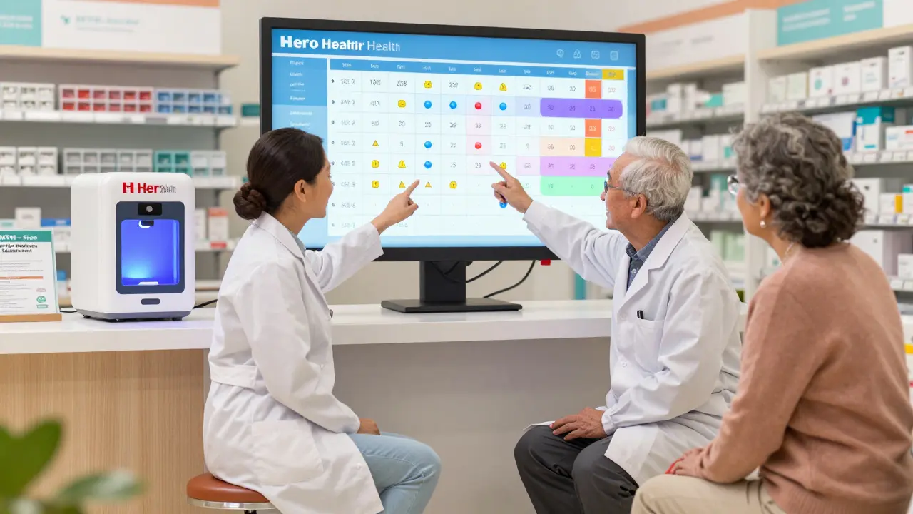 A pharmacist and caregiver examining a medication timeline on a digital screen at a pharmacy, with a smart pill dispenser on the counter.