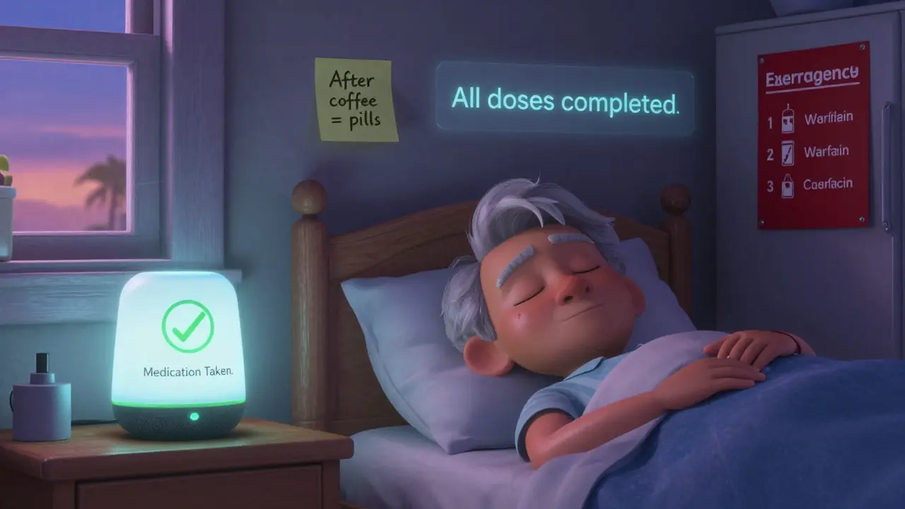 A senior's bedroom at night with a smart device showing a medication checkmark, a sticky note reminder on the mirror, and an emergency list on the fridge.