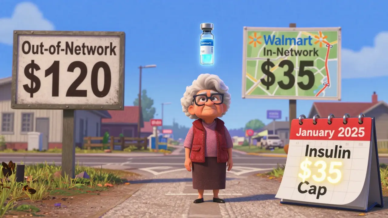 A woman at a crossroads facing two pharmacy options, one far away with a glowing insulin vial above her.