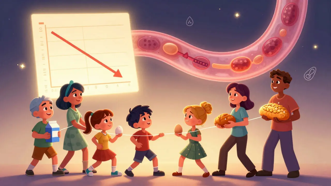 Diverse patients letting go of food triggers as their esophagus heals, with medical data glowing above them.