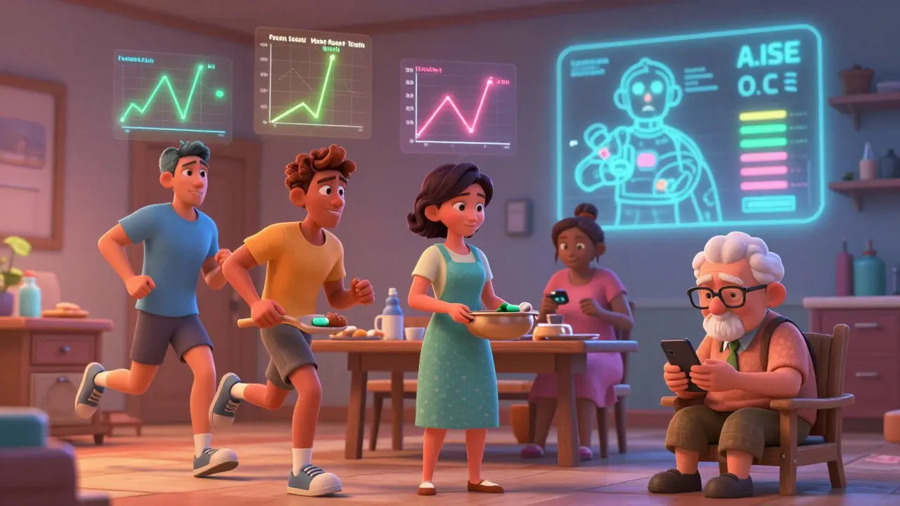 Diverse patients with floating glucose graphs showing spikes and drops during steroid therapy, guided by an AI algorithm.