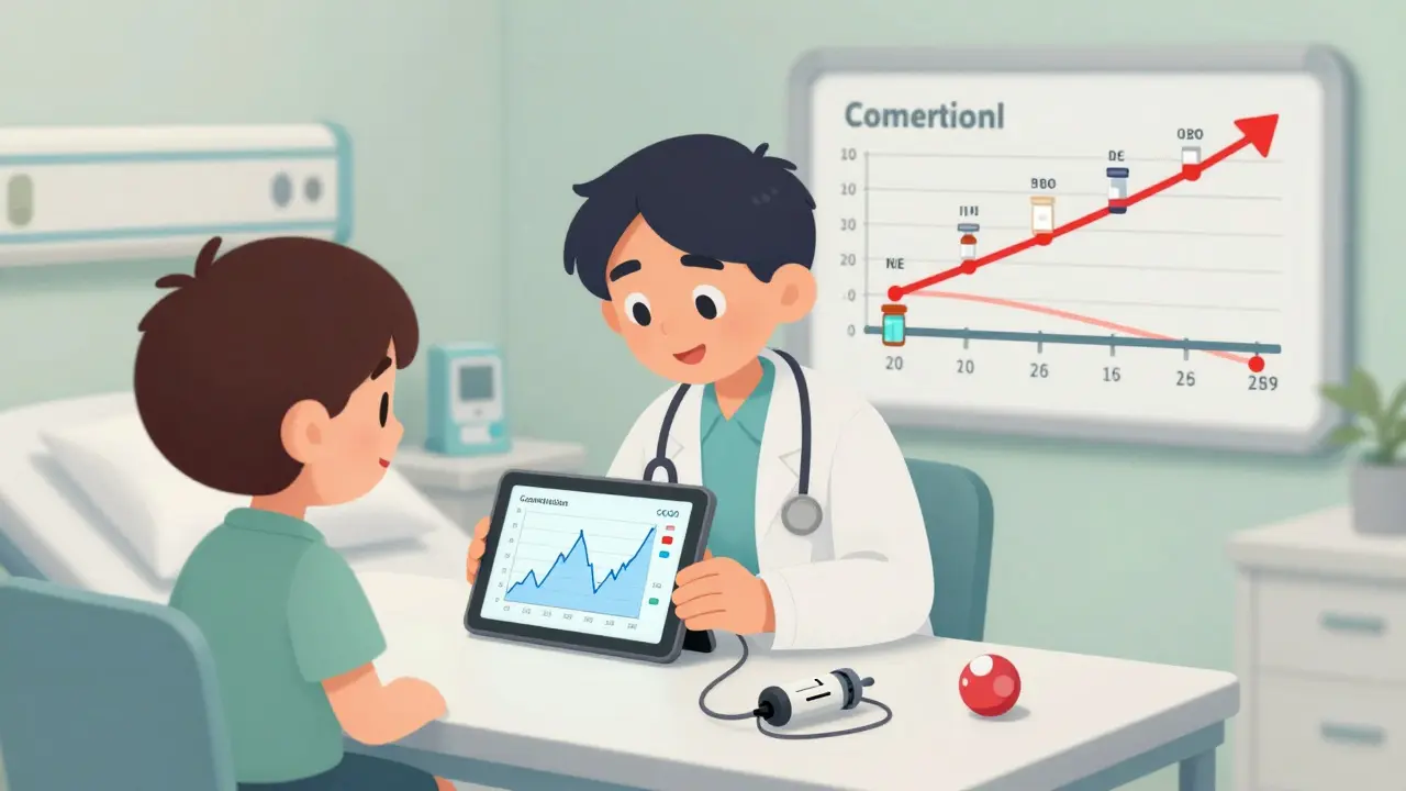 Doctor and patient reviewing a CGM graph with insulin doses adjusting as steroid levels change over time.