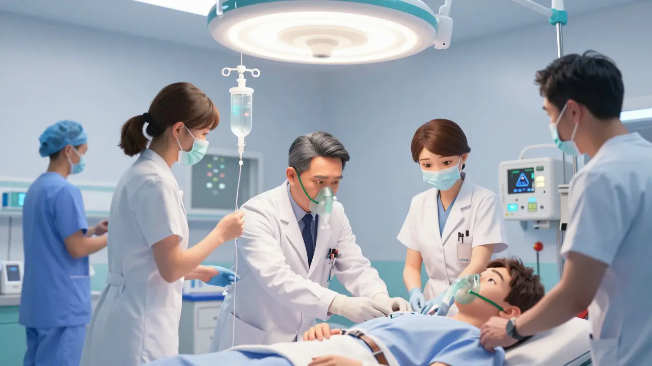 Doctors urgently treating a patient in hospital