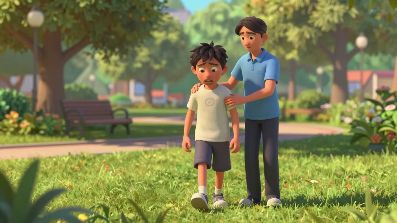 Patient walking in park with therapy support