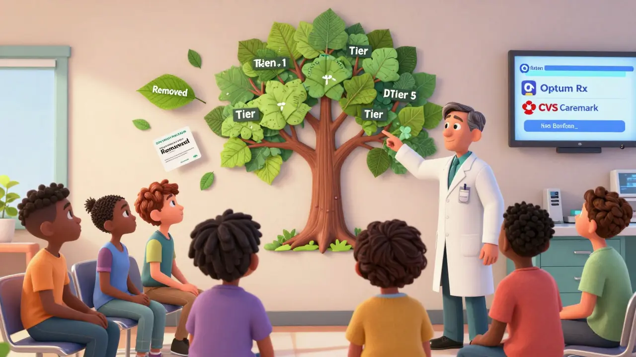 Patients in a clinic watch as a formulary tree loses leaves labeled 'Removed', while alerts and appeals appear nearby.