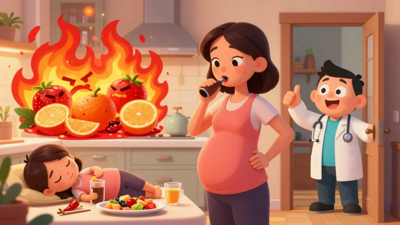 Pregnant woman in kitchen avoiding trigger foods, with split scene showing healthy vs. harmful choices.