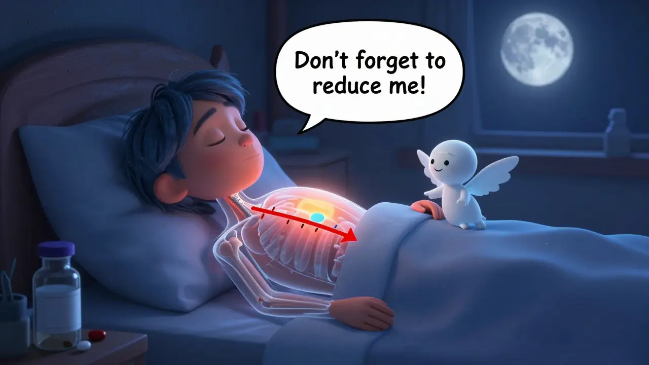 Sleeping patient with transparent body showing insulin decreasing as steroid levels fade, a forgotten insulin vial nearby.