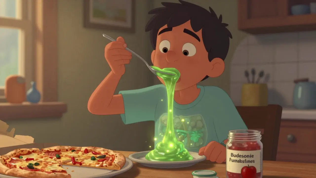 Someone swallowing a therapeutic slurry that glows as it coats and soothes their inflamed esophagus.