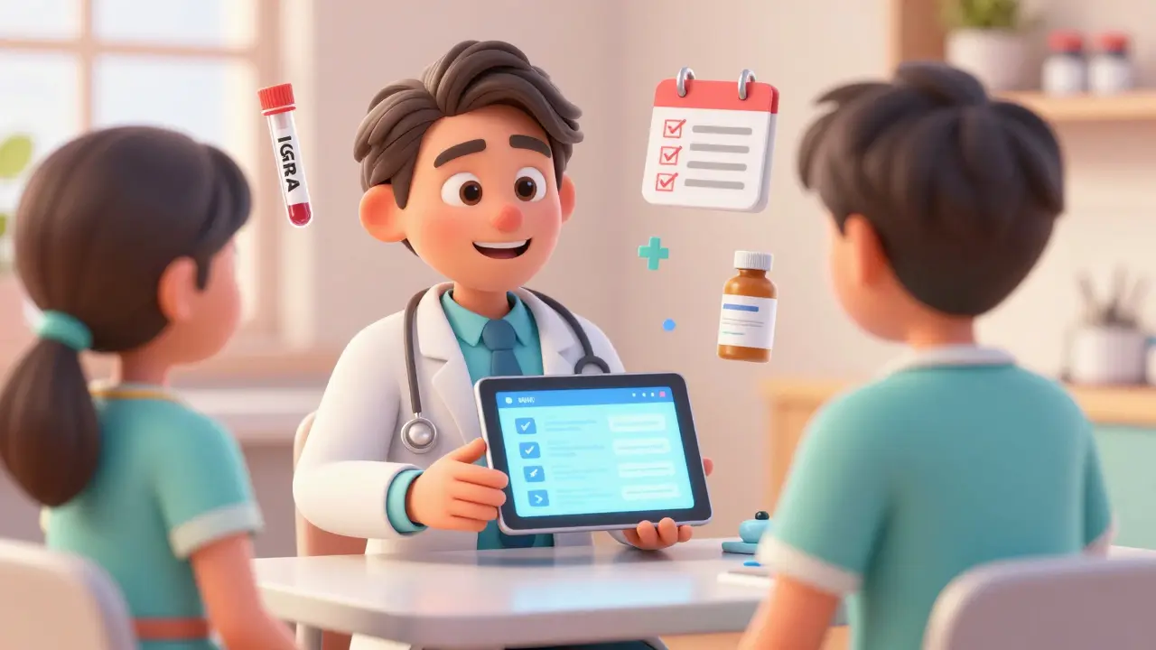 A doctor and patient in a bright clinic discussing TB screening and monitoring.