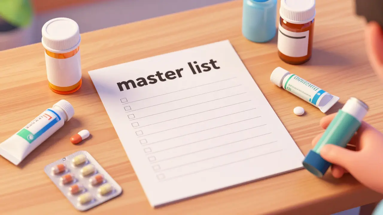 A handwritten medication list and various supplements laid out on a wooden table.