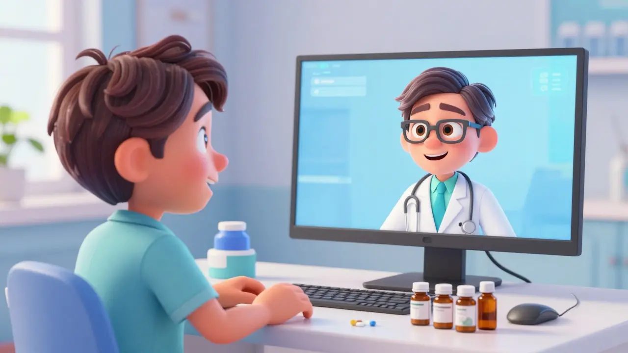 A patient having a virtual medical review with a doctor on a computer screen.