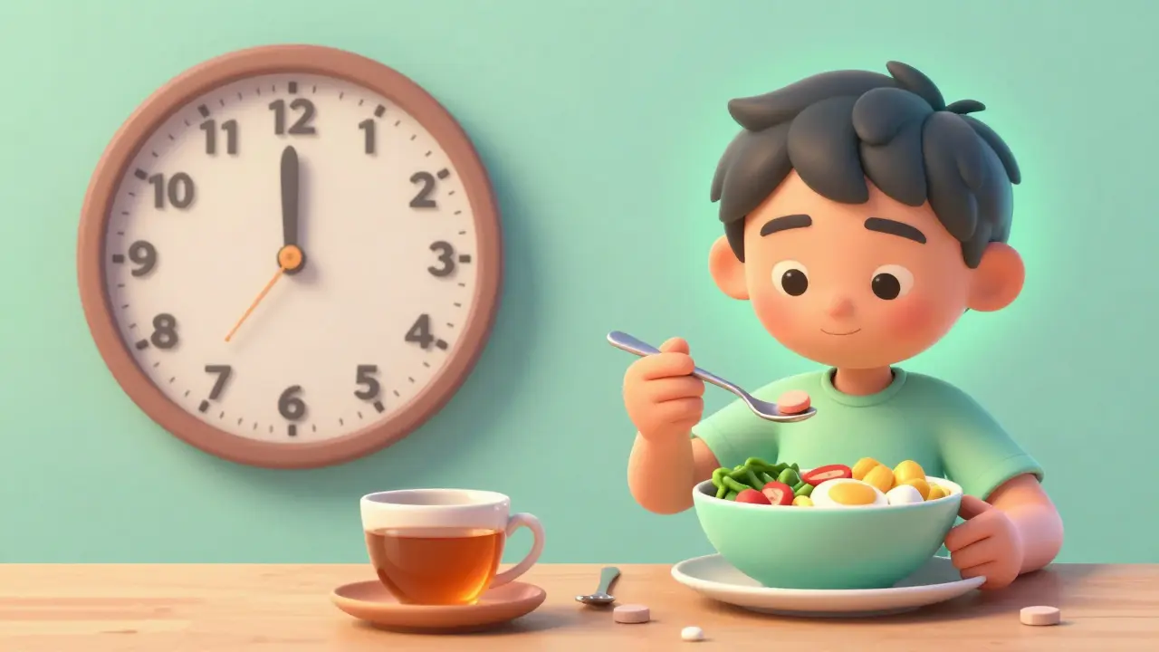 Animated scene showing a healthy routine with timed medication, tea, and a nutritious breakfast.