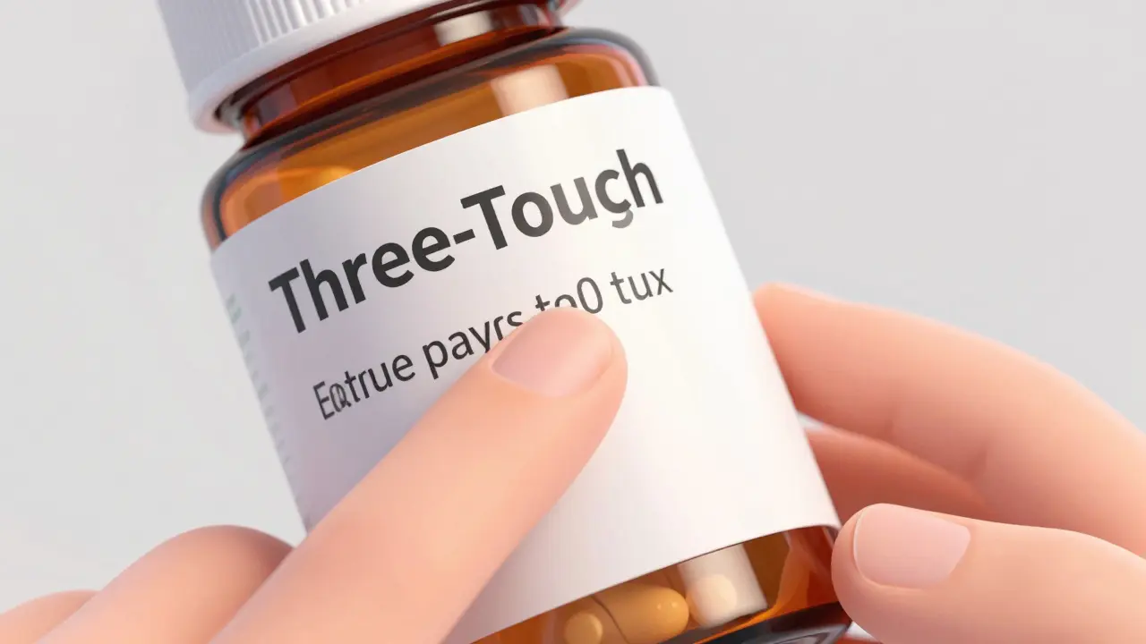 Close-up of a finger touching a medicine bottle label for verification