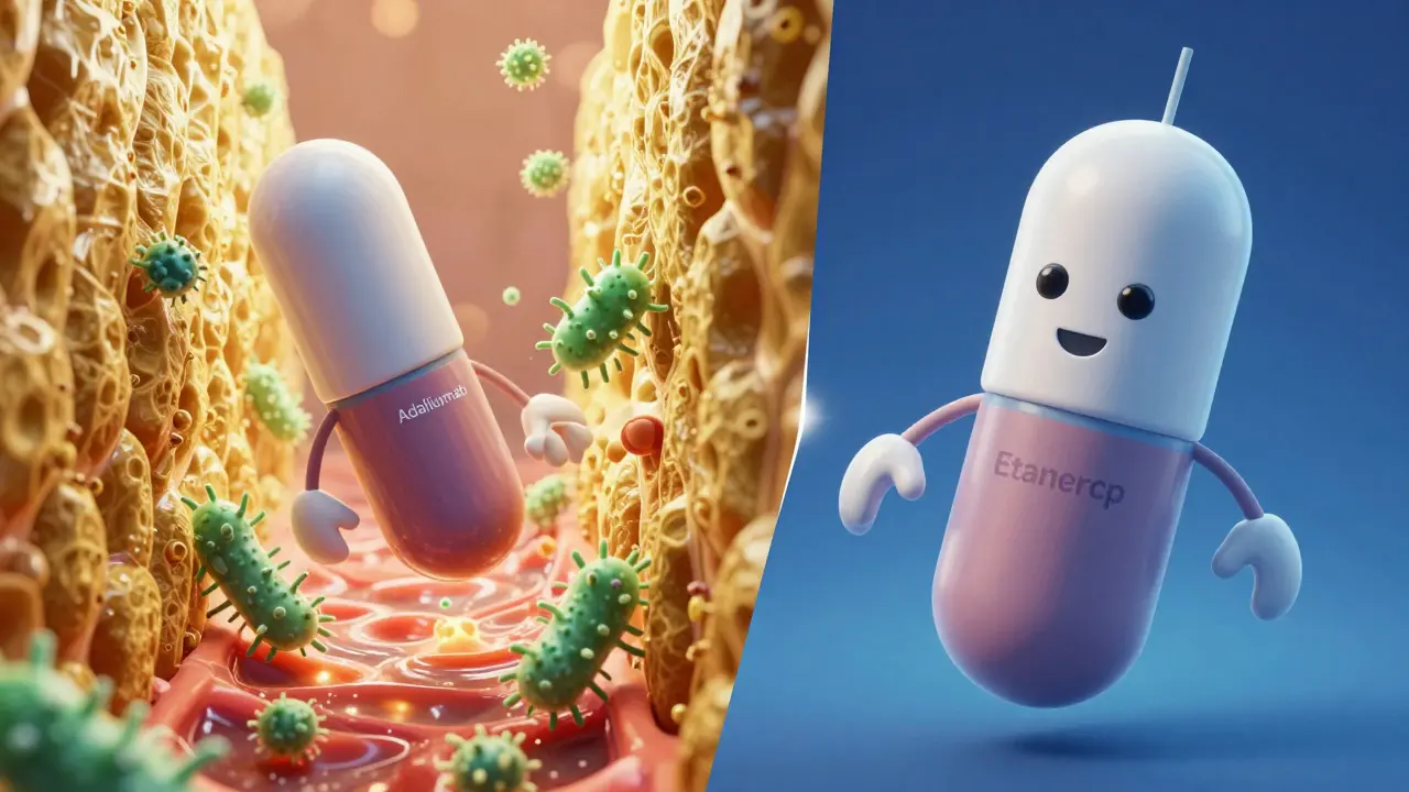 Comparison of a monoclonal antibody breaking a granuloma wall versus a soluble receptor.