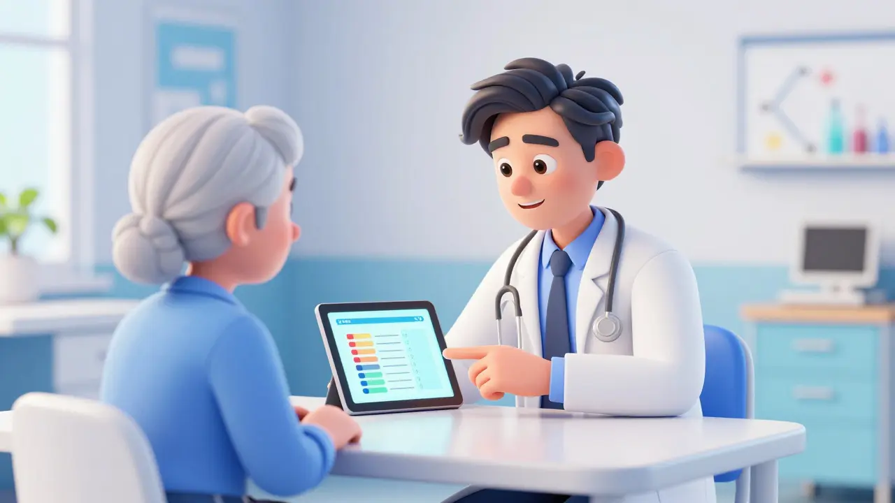 Doctor and senior patient discussing a medication plan in a bright clinic