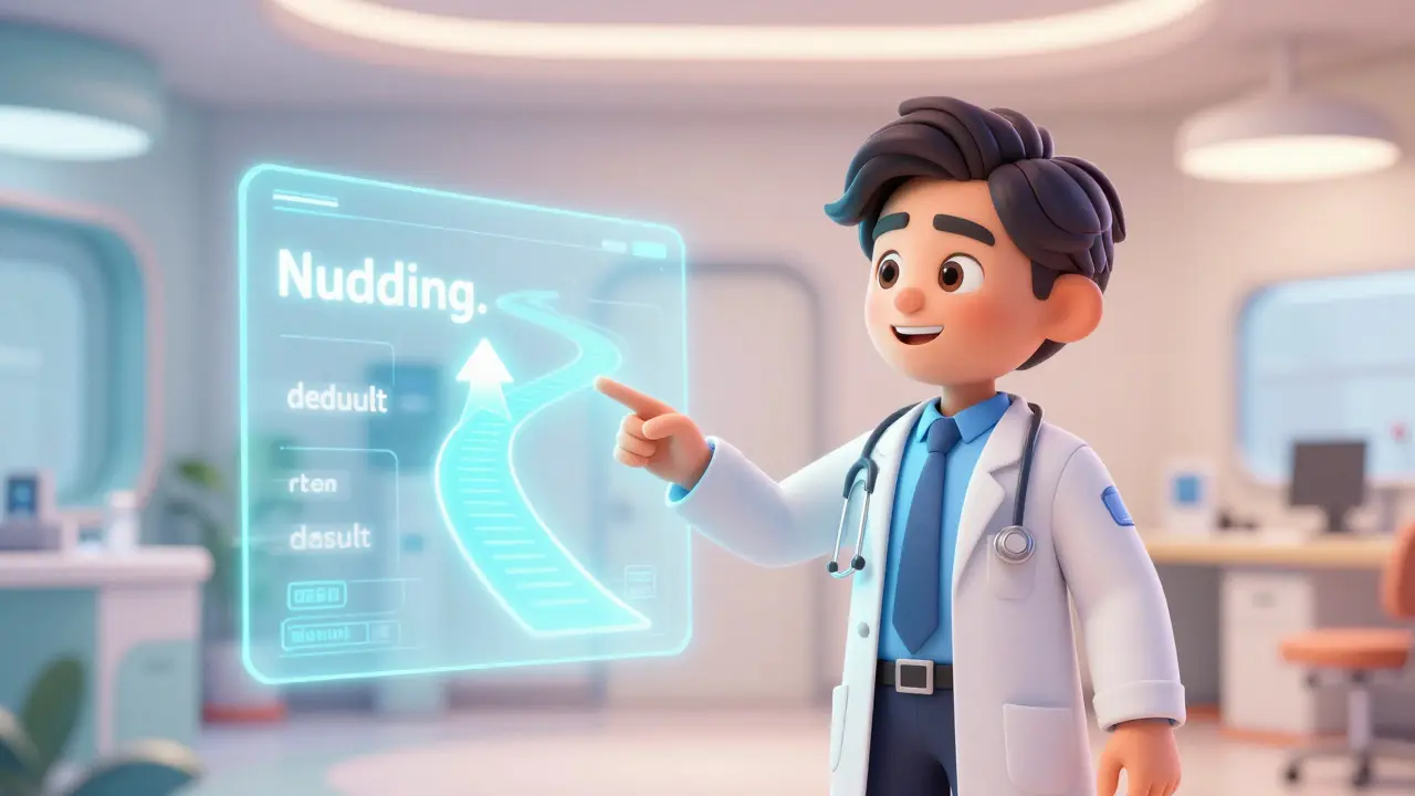 Doctor using a holographic screen to nudge a patient toward a healthy medication choice.