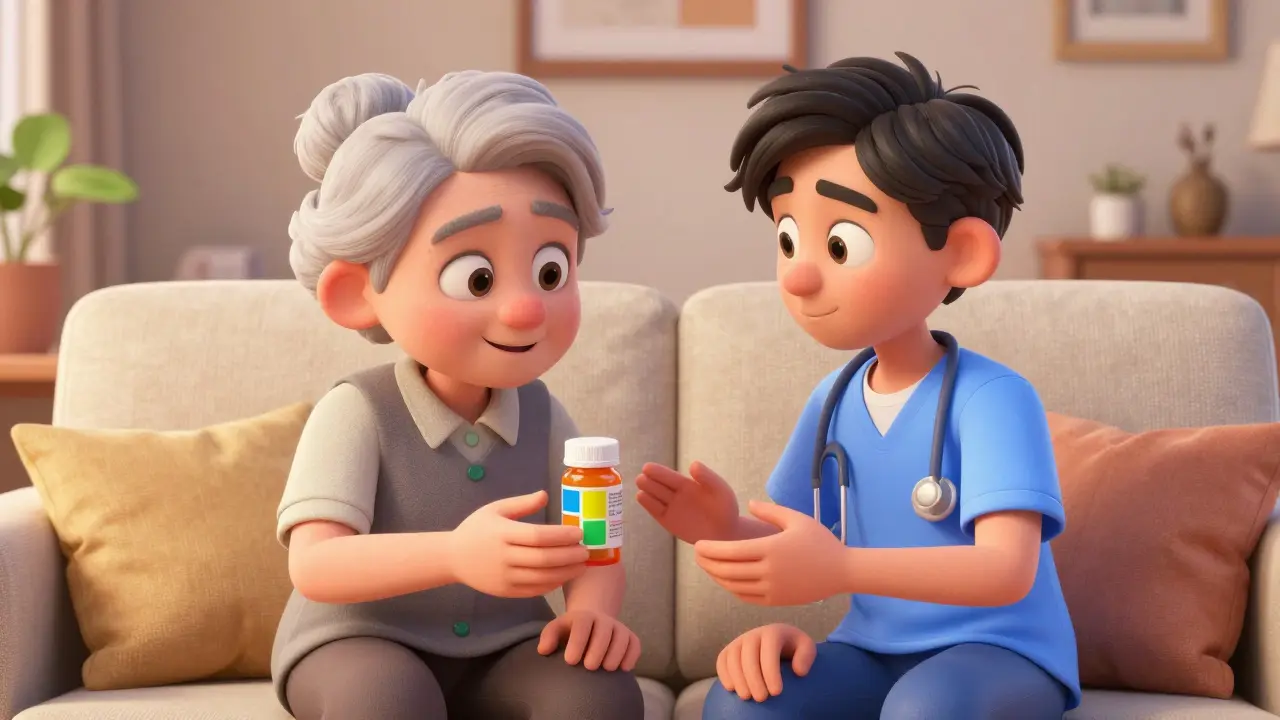 Elderly person explaining medication labels to a caregiver in a cozy living room
