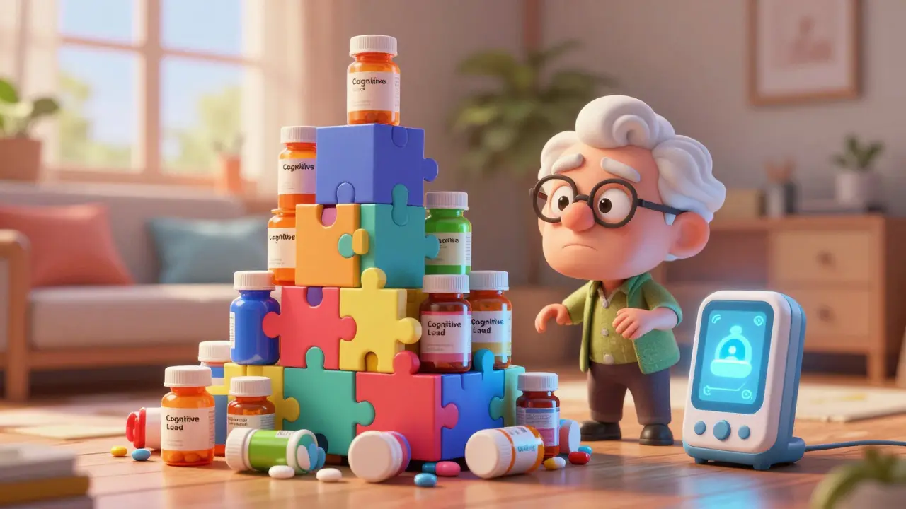 Elderly person overwhelmed by many pill bottles with a smart dispenser providing help.