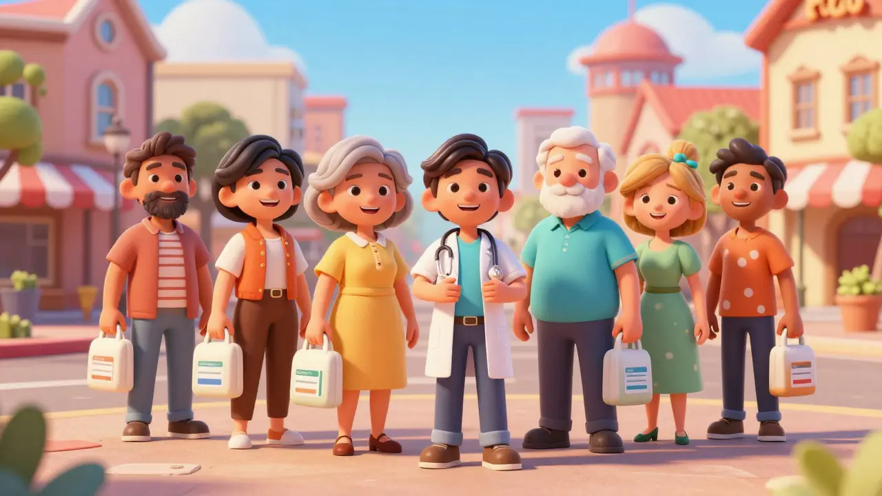 Group of diverse, happy people holding pharmacy bags in a sunny town