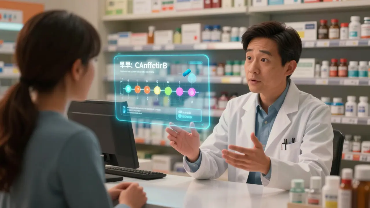 Pharmacist explaining medication safety to a patient using a digital timeline